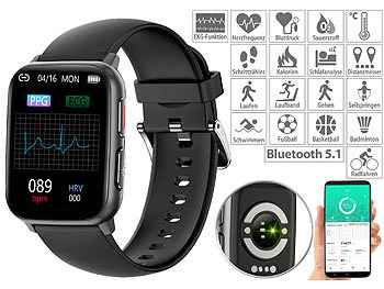 Fitnessuhr: newgen medicals Fitness-Smartwatch mit EKG-, Blutdruck-, SpO2-Anzeige, Bluetooth, IP68