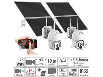 Solar Überwachungskamera: 7links 2er-Set Pan-Tilt-Überwachungskameras, 2K, WLAN, Akku, 25 W Solarpanel