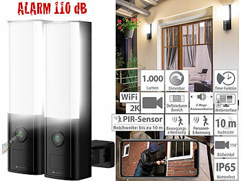 Außenleuchte: VisorTech 2er-Set LED-Außenwandleuchte, WLAN-2K-Kamera, PIR, Nachtsicht, Sirene