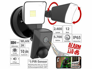 Bewegungsmelder mit Kamera: VisorTech 2K-Kamera mit 2 LED-Strahlern, 2.400lm, Sirene, Nachtsicht, WLAN, App