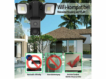 VisorTech 2K-Kamera mit 2 LED-Strahlern, 2.400lm, Sirene, Nachtsicht, WLAN, App