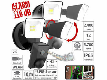 Flutlicht Kamera: VisorTech 2er-Set 2K-Kamera, 2 LED-Strahler, 2.400lm, Sirene, WLAN, App