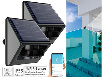 Mini-Bewegungsmelder: Luminea Home Control 2er-Set Outdoor-PIR-Sensoren, Solarpanel, App, IP55, ZigBee-kompatibel