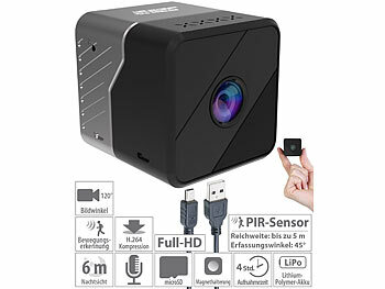 Spionage Kamera: Somikon Mobile Mini-Full-HD-Überwachungskamera, PIR-Sensor, 6 Monate Stand-by
