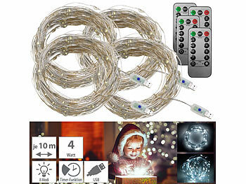 Lichterkette USB Timer: Lunartec 4er-Set USB-LED-Lichterdraht, 100 LEDs, 8 Modi, 10 m, tageslichtweiß