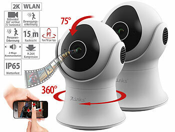 Überwachungs-Kameras: 7links 2er-Set 2K-Pan-Tilt-Überwachungskameras, 360°, Nachtsicht, IP65, App