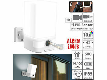 2K-IP-Überwachungskamera: VisorTech 2K-Akku-Überwachungskamera, LED-Licht 600 lm, Alarm, WLAN, App, IP65