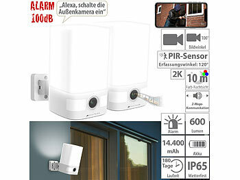 Überwachung Kamera außen: VisorTech 2er-Set 2K-Akku-Überwachungskamera, LED-Licht 600 lm, Alarm, WLAN, App