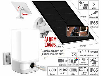 Überwachung Kamera außen: VisorTech Solar-2K-Überwachungskamera, LED-Licht, Alarm, 14,4-Ah-Akku, WLAN, App