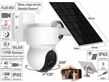 Kamera WLAN: 7links Solar-Akku-Überwachungskamera mit Full HD, Pan-Tilt, WLAN & App
