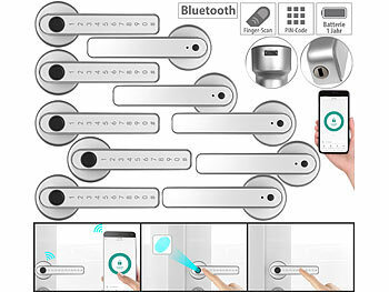 Fingerprint Türbeschlag: VisorTech 5er-Set Sicherheits-Türbeschläge mit Fingerabdruck-Scanner, PIN & App