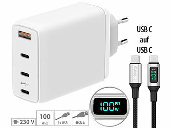 USB Netzteil iPhone: revolt 120W PD USB 4 Ports Netzteil Ladegerät, weiß+ 100W USB-C Ladekabel