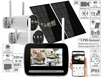 Solar Überwachungskameras: VisorTech Funk-Überwachungs-Set: Rekorder mit 2x 2K-Solar-Kamera, PIR, App