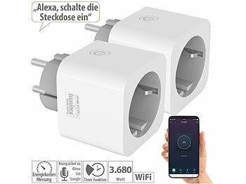 WiFi Steckdose: Luminea Home Control 2er-Set WLAN-Steckdosen, Energiekostenmesser, App- & Sprachsteuerung