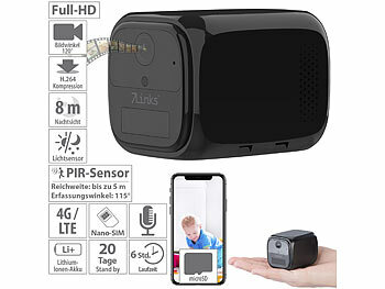 Mini-Kamera mit Akku: 7links 4G-Micro-IP-Kamera mit Full HD, PIR-Bewegungssensor, IR-Nachtsicht