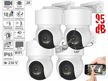 WLAN-Überwachungskameras: 7links 4er-Set 2K-Pan-Tilt-Outdoorkameras, Farb-Nachtsicht, 360°, Sirene, App