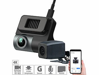 Autokamera Dashcam: NavGear Kompakte 4K-Dashcam mit Full-HD-Heckkamera, G-Sensor, Parkwächter, App