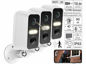 Überwachungs-Kamera WiFi: VisorTech 3er-Set Akku-Outdoor-IP-Überwachungskamera mit 2K-Auflösung, WLAN, App