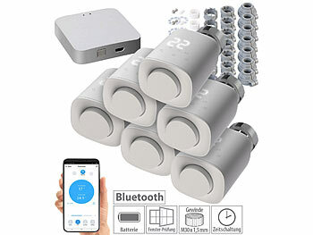 Adapter, Bluetooth: revolt 6er-Set programmierbare Heizkörper-Thermostate mit WLAN-Gateway & App