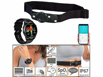 Fitness Armband: newgen medicals Fitness-Smartwatch mit Brustgurt, EKG, Blutdruck, SpO2, App, IP67