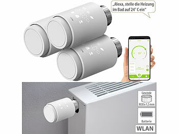 Heizkörper-Thermostat Smarthome: revolt 3er-Set programmierbare WLAN-Heizkörperthermostate, App, Sprachbefehl