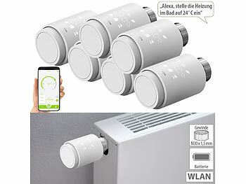 Thermostatköpfe Digital: revolt 6er-Set programmierbare WLAN-Heizkörperthermostate, App, Sprachbefehl