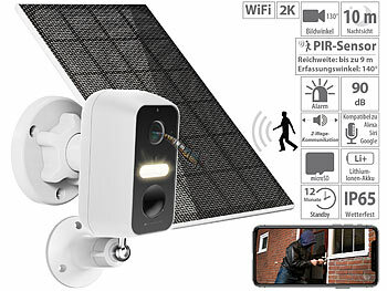 Überwachungskamera mit Aufzeichnung akkubetrieben: VisorTech Akku-Outdoor-IP-Überwachungskamera mit Solarpanel, 2K-Auflösung