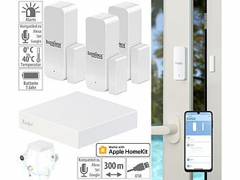 ZigBee-Gateway-Hub: 7links HomeKit-Set: ZigBee-Gateway + 3x Tür-/Fenstersensor, Sprachsteuerung