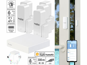 TUYA ZigBee-Gateway LAN: 7links HomeKit-Set: ZigBee-Gateway + 5x Tür-/Fenstersensor, Sprachsteuerung