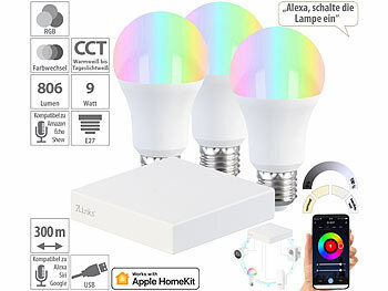 ZigBee-Gateway-Hub: 7links HomeKit-Set: ZigBee-Gateway + 3 RGB-CCT-LED-Lampen, E27, 9 W, 806 lm