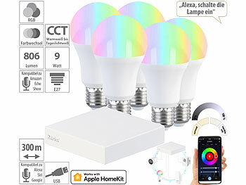 Leuchtmittel Apple Homekit: 7links HomeKit-Set: ZigBee-Gateway + 5 RGB-CCT-LED-Lampen, E27, 9 W, 806 lm