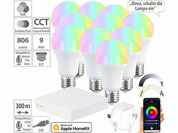 Apple Homekit-zertifizierte ZigBee-Steuereinheit mit E27-LED-Lampe: 7links HomeKit-Set: ZigBee-Gateway + 10 RGB-CCT-LED-Lampen, E27, 9 W, 806 lm