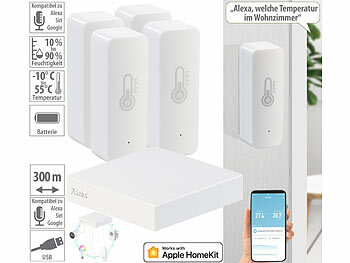 Gateways ZigBee Smart Home: 7links HomeKit-Set: ZigBee-Gateway + 4x Temperatur & Luftfeuchtigkeits-Sensor