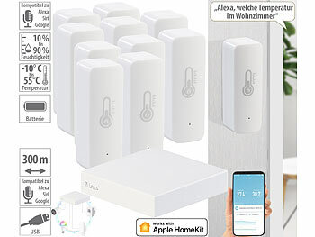 Hygrometer Apple Homekit: 7links HomeKit-Set: ZigBee-Gateway + 10x Temperatur-/Luftfeuchtigkeits-Sensor