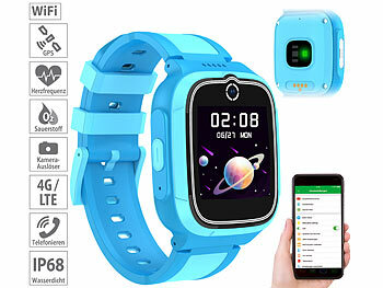Smartwatch LTE: TrackerID 4G-GPS-Kinder-Smartwatch, Videoanruf, Gorilla-Glas, Herzfrequenz, blau