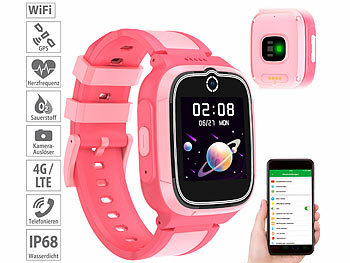 Kinderuhr: TrackerID 4G-GPS-Kinder-Smartwatch, Videoanruf, Gorilla-Glas, Herzfrequenz, pink