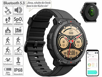 Smartwatch Herren: newgen medicals GPS-Fitness-Uhr mit Full-Touch-Glas-Display, Freisprechen, SpO2