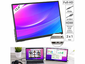 ultraslim Monitor: auvisio Mobiler 15,6"/39,6 cm IPS-Superslim-Monitor, Full HD, Metall, Standfuß