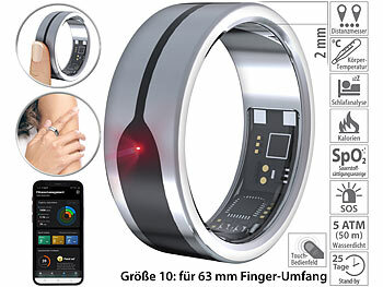 Smart-Ring iOS: newgen medicals Fitnesstracker-Ring, Herzfrequenz- & SpO2-Anzeige, 2 mm, silber, Gr.63