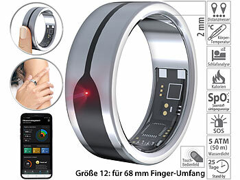Schlaftracker-Ring: newgen medicals Fitnesstracker-Ring, Herzfrequenz- & SpO2-Anzeige, 2 mm, silber, Gr.68