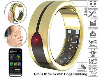 Finger-Ring: newgen medicals Fitnesstracker-Ring, Herzfrequenz- & SpO2-Anzeige, 2 mm, gold, Gr. 57