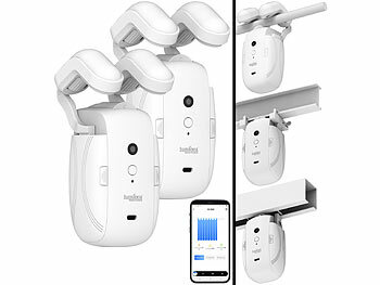 Vorhang Schließer: Luminea Home Control 2er-Set Smarter 3in1-Universal-Vorhangmotor mit Akku, Bluetooth, App