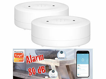 Wassermelder Smart: Luminea Home Control 2er-Set WLAN-Wassermelder, lauter Alarm, App-Benachrichtigung weltweit
