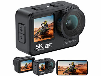 Somikon Mini-Actioncam mit 5K-Auflösung, wasserdicht bis 21 m, 2 Displays, EIS