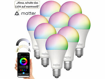 Alexa Lampen E27: Luminea Home Control 8er-Set WLAN-LED-Lampen, E27, Matter-kompatibel, RGB, CCT, 806 Lumen