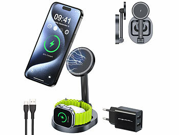 3in1 Schnellladestation: Callstel Faltbare 3in1-MagSafe-Ladestation mit zwei Ladeflächen inkl. Netzteil 