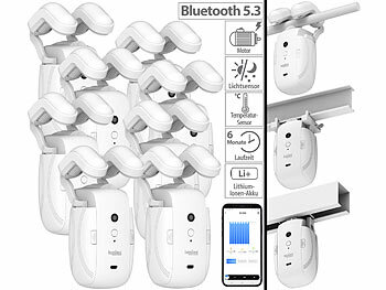 Luminea Home Control 8er-Set Smarter 3in1-Universal-Vorhangmotor mit Akku, Bluetooth, App