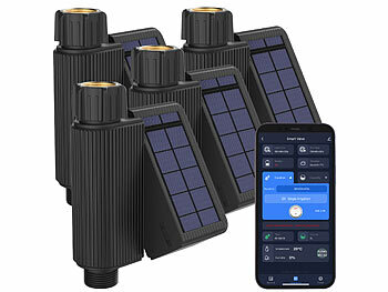 Gartenwasseruhren: Royal Gardineer 4er-Set WLAN-Bewässerungscomputer, Solarpanel, BT-Gateway, App, IP65
