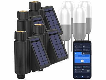 Wassercomputer WLAN: Royal Gardineer 4er-Set WLAN-Bewässerungscomputer, Solarpanel, App, 4x Bodensensor