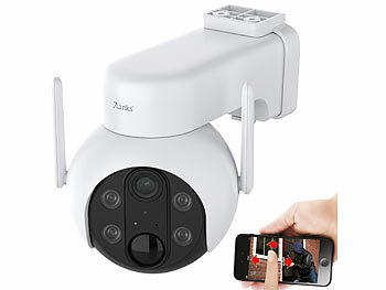 Kamera: 7links Außen-Pan-Tilt-IP-Überwachungskamera mit 2K, Akku, WLAN & App, IP66